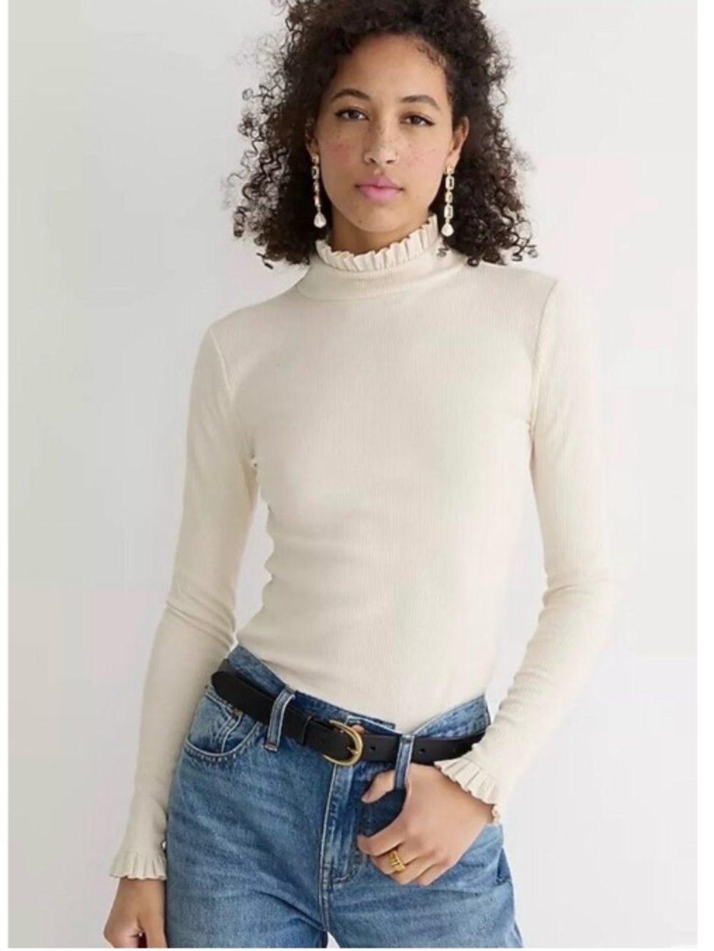 J. Crew Vintage Rib Ruffle Mock Neck Fitted Shirt Minimalist Cream XXL